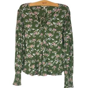Lucky Brand Green Tie Front Floral Blouse